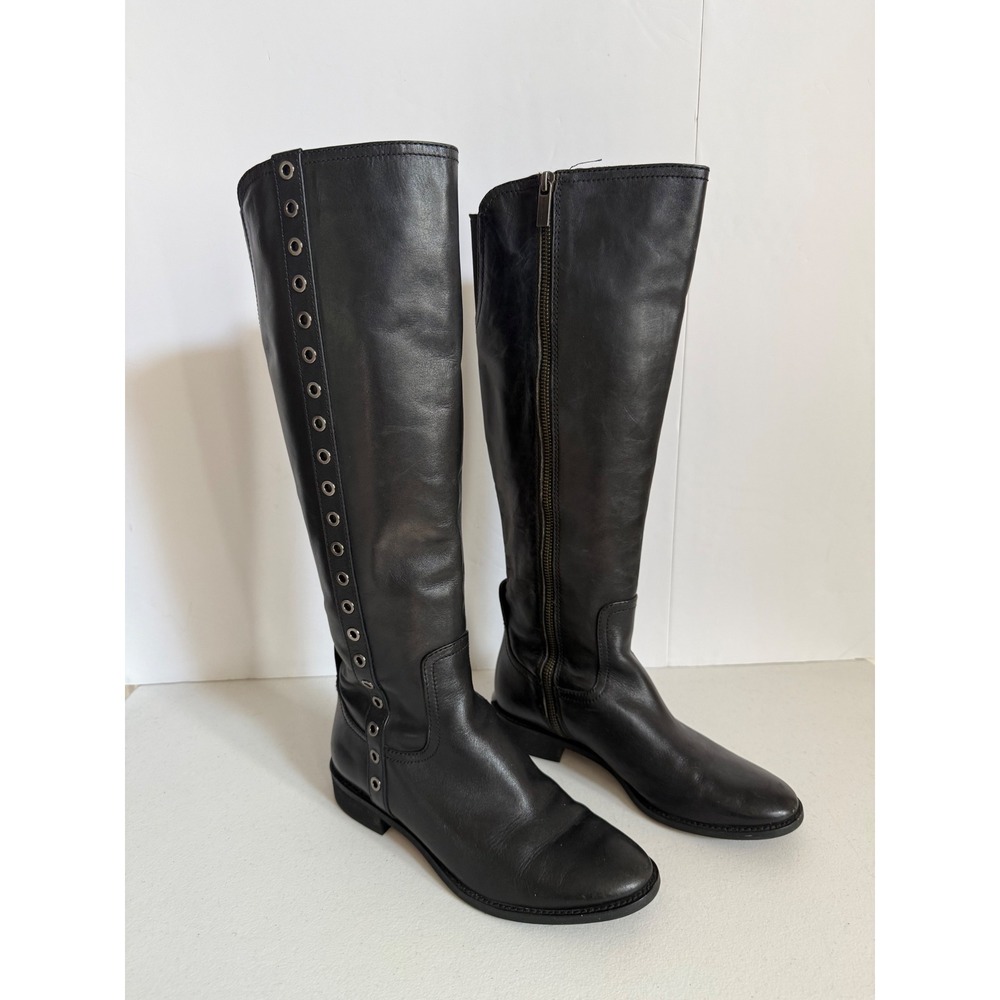 Michael Kors Black Leather Grommet Tall Riding Boots Side Zip Low Heel Logo